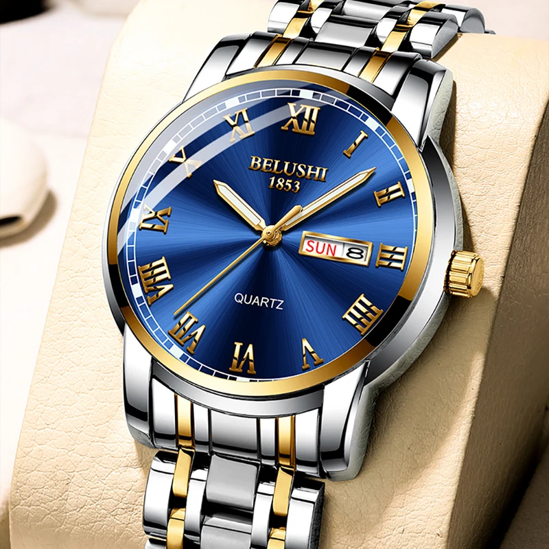 BELUSHI Top Brand Watch Men Stainless Steel Business Date Clock Waterproof Luminous Watches Mens Luxury Sport Quartz Wrist Watch 4