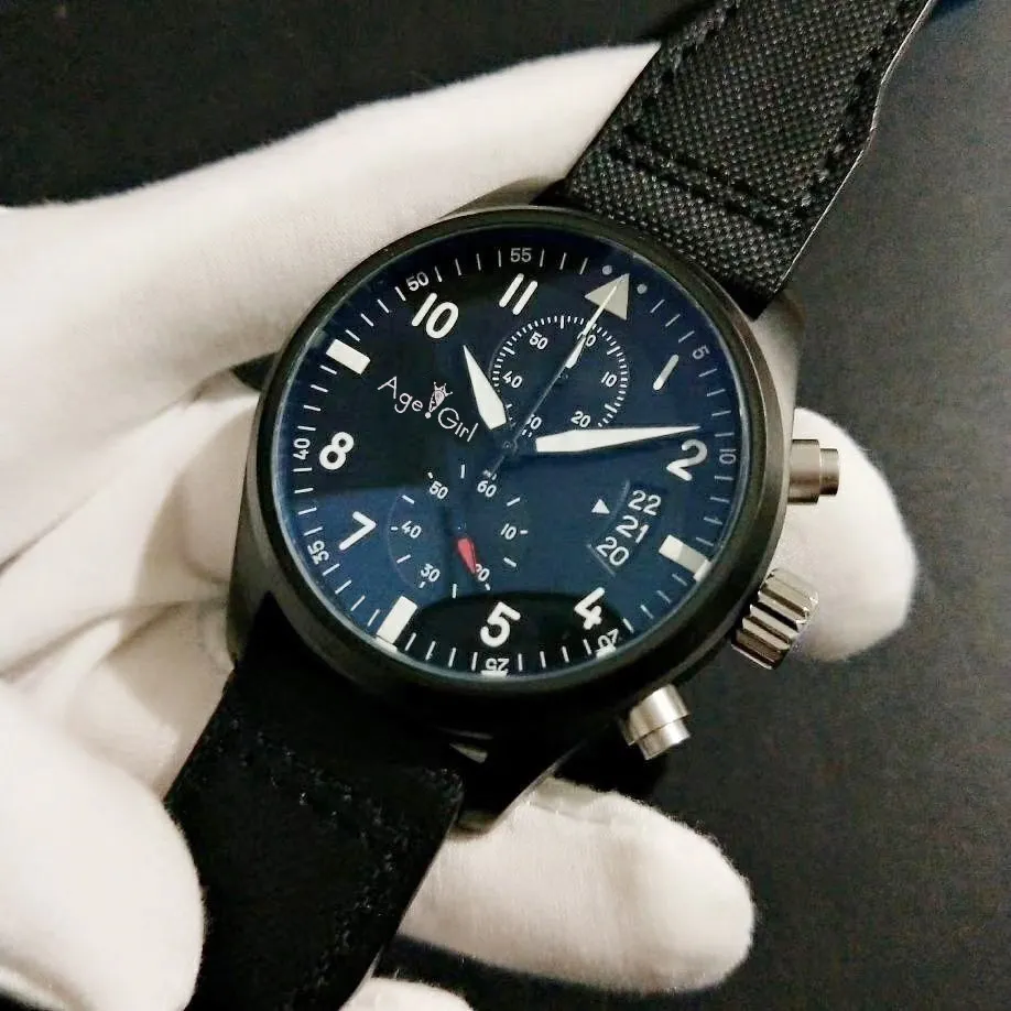 

Luxury Brand New Men Pilots Stainless Steel Sapphire Double Quartz Chronograph Canvas Leather Black Watch AAA+