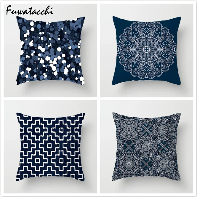 

Fuwatacchi Ink-Blue Patchwork Stripe Pillow Cover Endless Geometric Cushion Cover Throw Pillows for Linen Decoration Sofa Home