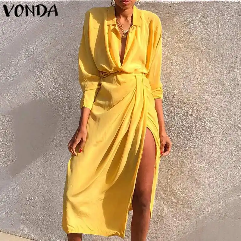 VONDA/платье с длинным рукавом, сексуальные однотонные осенние платья с v-образным вырезом размера плюс, вечерние платья в богемном стиле, пляжный сарафан, 5XL