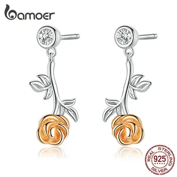 

bamoer 925 Sterling Silver Dangle Earrings 3D Rose Flower Branch Drop Earrings Women Wedding Luxury Fine Jewelry Gifts GAE292