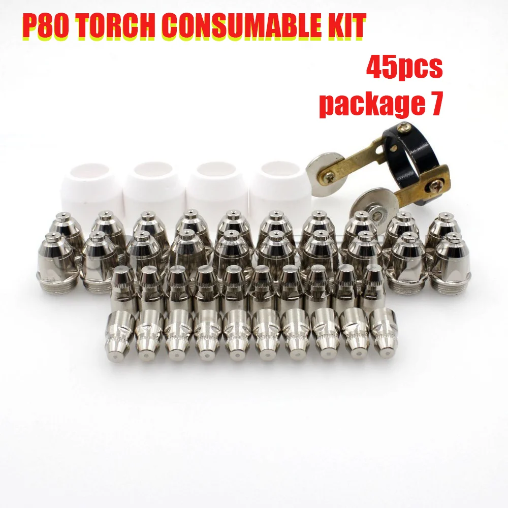 P-80 Plasma Cutting Torch Consumables Kits Electrode Tip Shield Cup 45pcs New