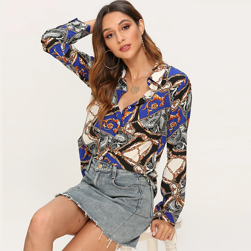 

Chain Patchworks Print Blouse Long Sleeve Blouse Women Casual Shirts Ladies Tops Vintage Turn-down Collar Office Blusa Feminina