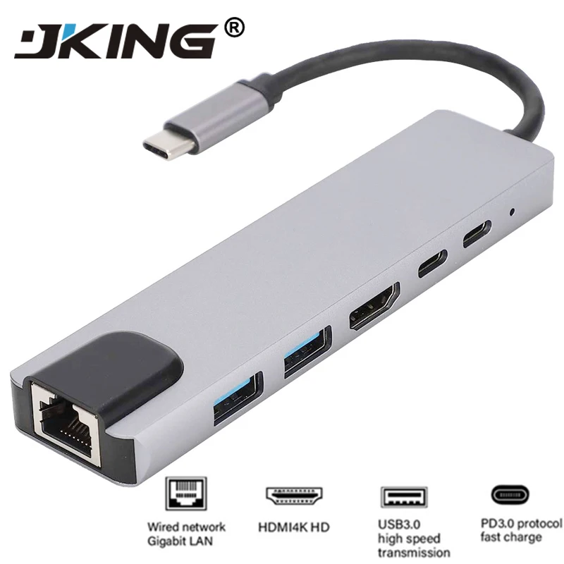 JKING 6 в 1 usb type C концентратор Hdmi 4K USB для Gigabit Ethernet Rj45 Lan адаптер Mac book Pro Thunderbolt 3