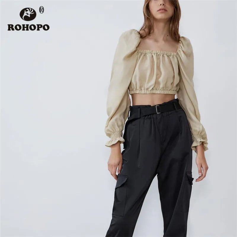 ROHOPO/пышный топ с длинными рукавами без косточек хлопковая Укороченная блуза