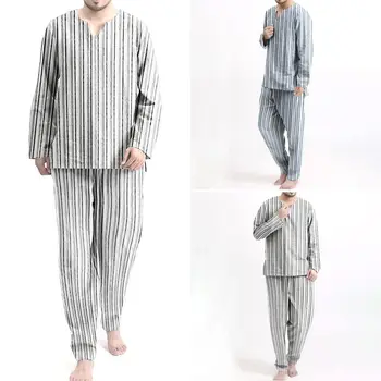

INCERUN Men Stripe Pajamas Sets Long Sleeve V Neck Sleep Tops Long Pants Nightclothes Breathable Sleepwear Suits Nightwear S-5XL