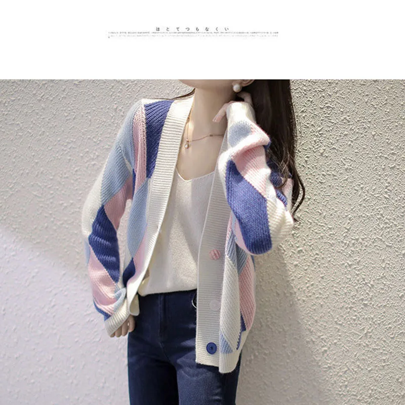 Spring 2021 new knitted cardigan women sweater style ladies western loose fashion color matching short plaid trend vintage y2k green sweater