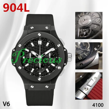 

Men's Watch 44mm V6 Black Ceramic Bezel Multifunctional Chronograph Black Rubber Strap 4100 Movement Mechanical Automatic Watch