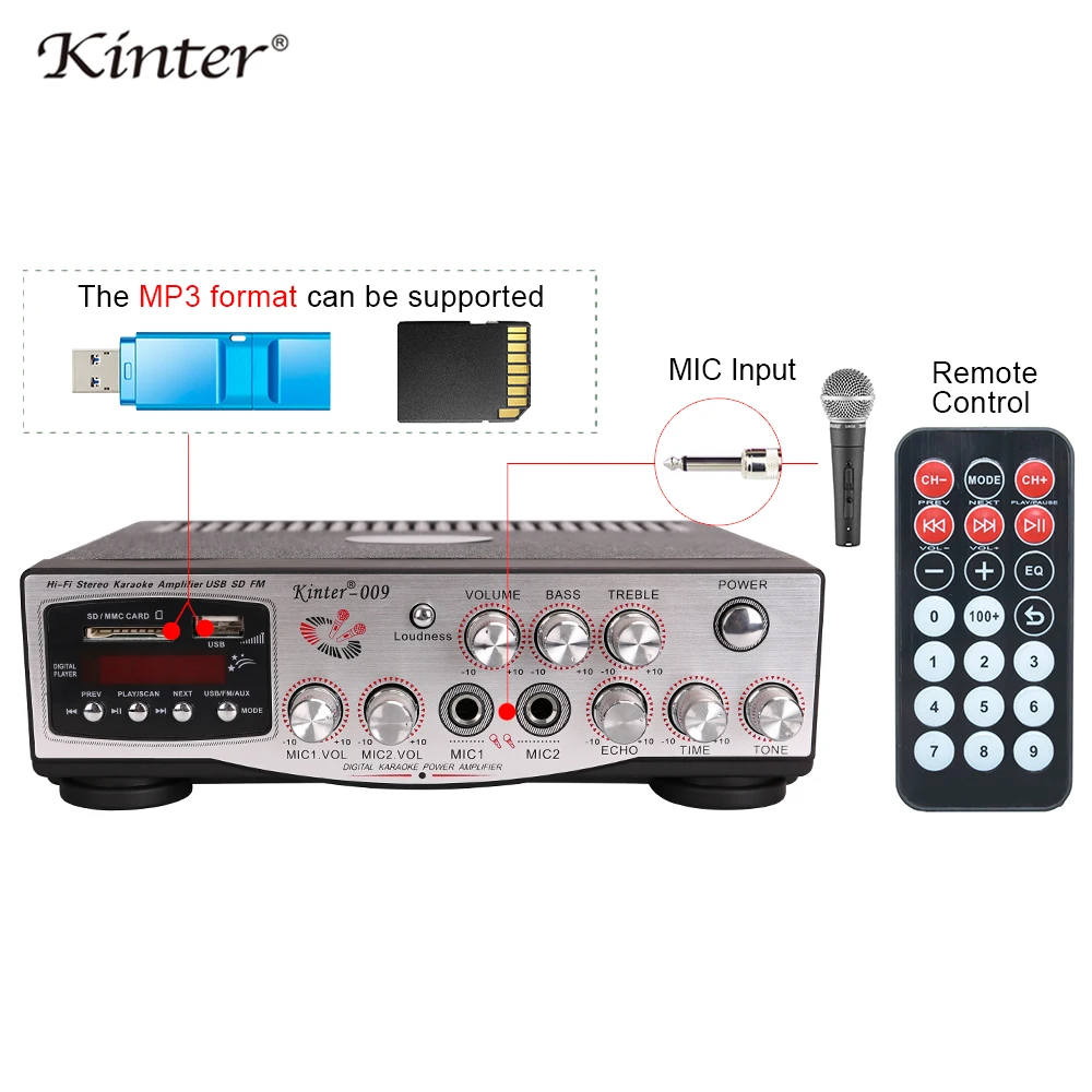 Kinter 009 караоке усилитель аудио hifi стерео звук 2CH DC12V AC220V с USB SD AUX Mic вход регулировка