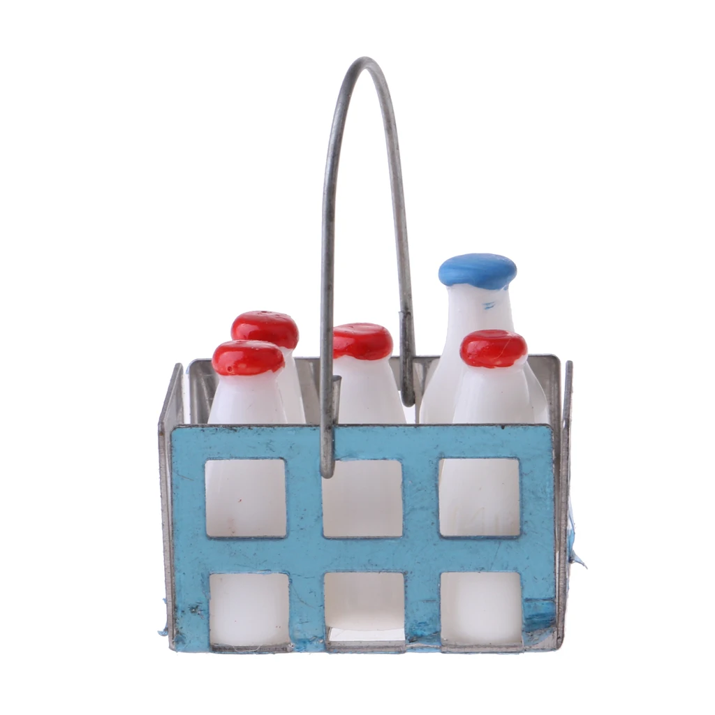 Miniature Milk Bottles and Metal Basket for 1/12 Dolls House Kitchen Decoration