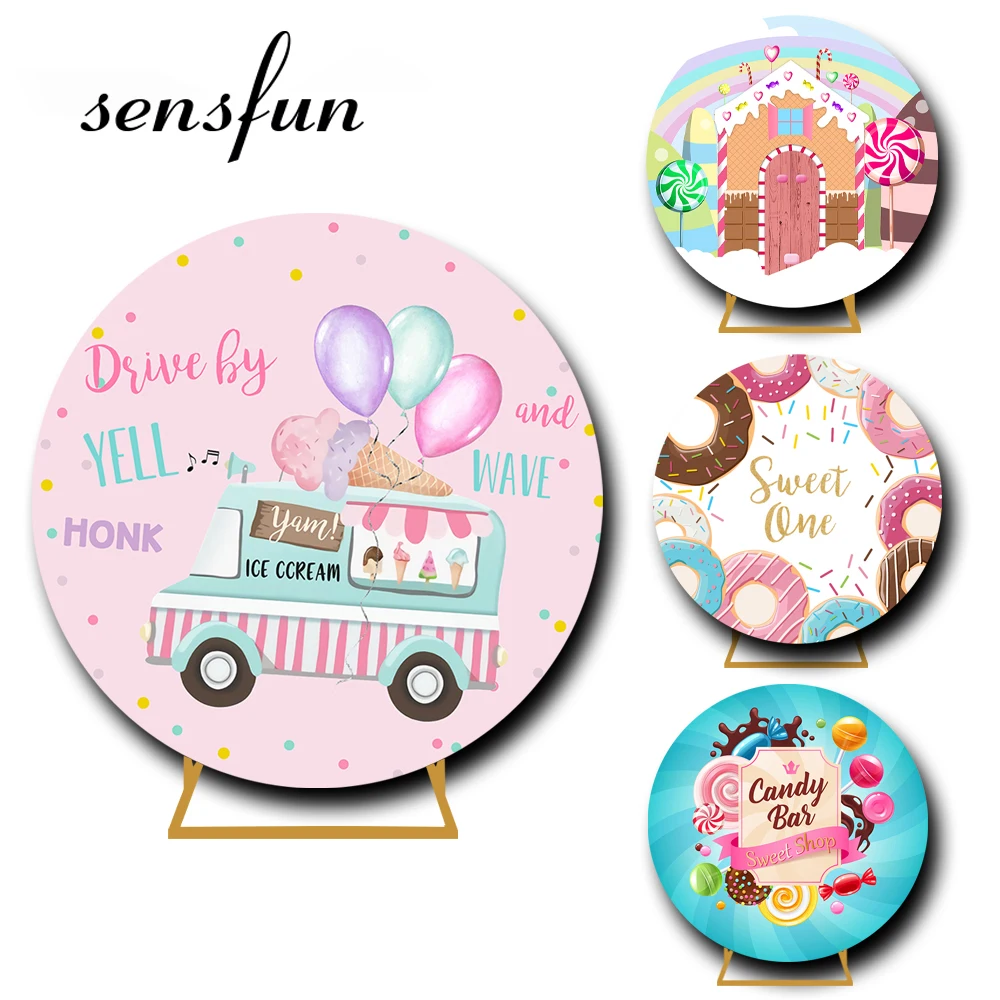 

6 Options Donuts Candy Bar Theme Round Backdrop Cover Pink Girls Ice Cream Summer Birthday Party Circle Photography Background
