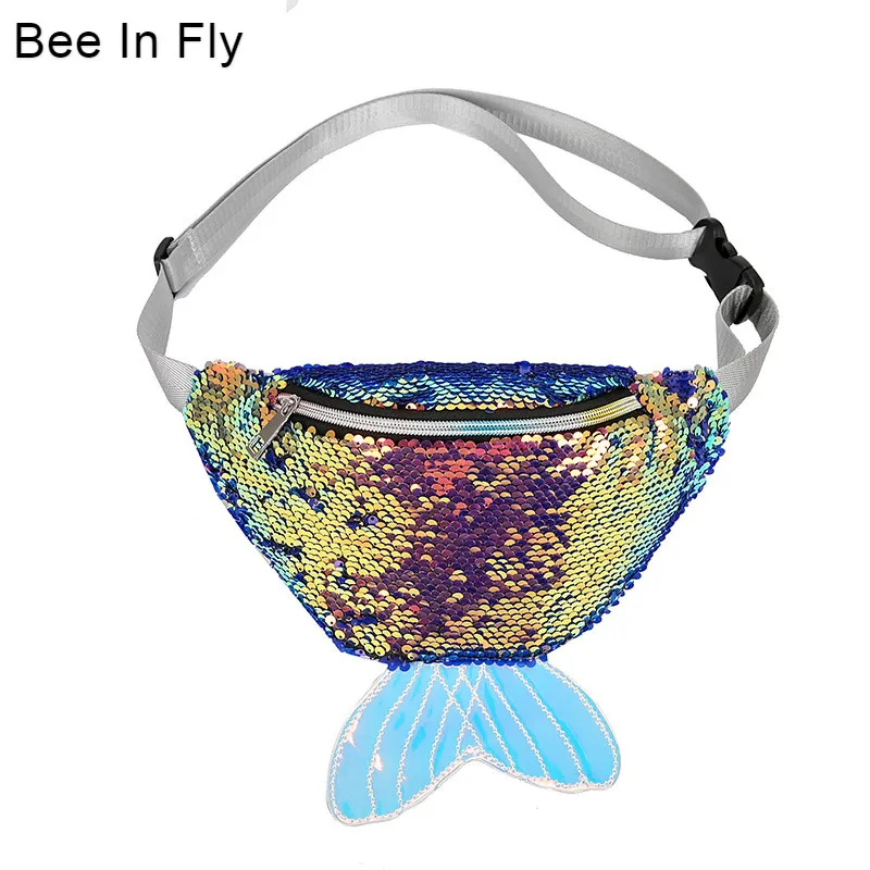 

Sequin Women Banana Waist Bag Colorful PU Laser Waist Pack Mermaid Design Crossbody Chest Bags For Girl Belly Bags Purse