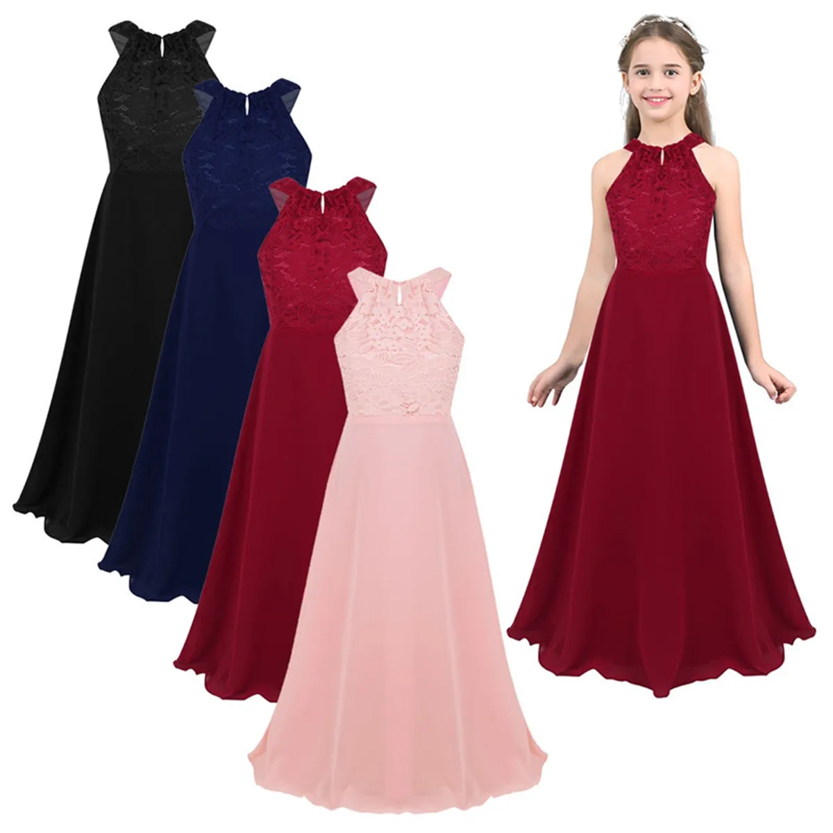 Little Bridesmaid Dress Kids Halter Maxi Long Dress Prom Ball Gown Lace Chiffon Flower Girls Dresses