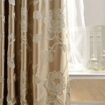 

European style luxury 3D embossed flower design curtains golden satin curtain fabric for living room bedroom tulle curtain 348#4