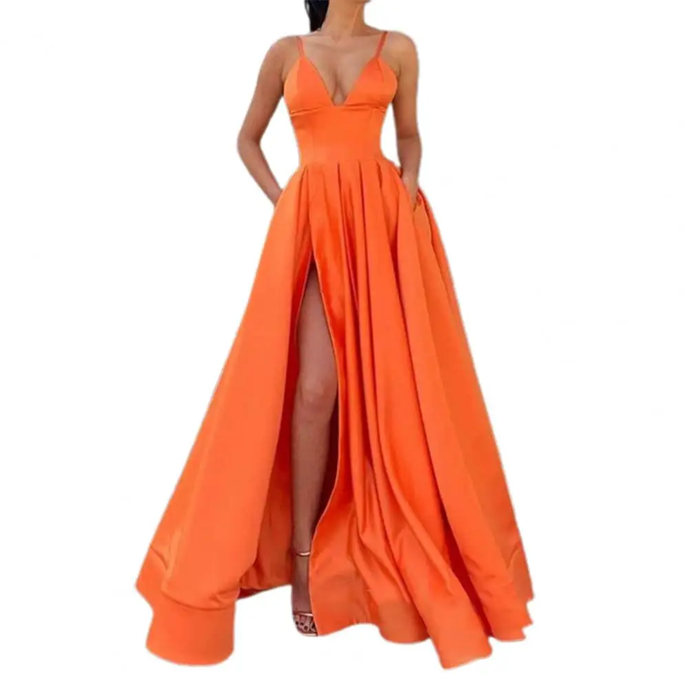 Party Dress for Wedding Women Elegant Side Slit A-Line Satin Sleeveless Spaghetti Straps Banquet Maxi Dress Wedding