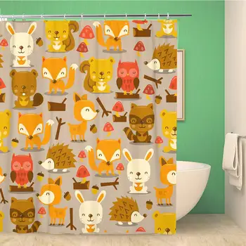 

Bathroom Shower Curtain Animal of Super Cute Woodland Creatures Characters Pattern Cartoon Polyester Fabric 66x72 inches