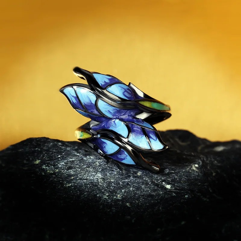 Women Jewelry Unique Shape Blue Butterfly Enamel Ring Elegant Party Handmade