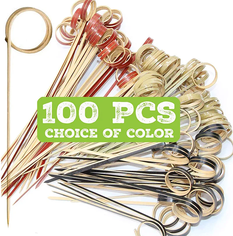 100pcs Cocktail Skewers Bamboo Sticks with Loop Ring Food Picks and Wood Cocktail Skewers Bamboo Martini Picks