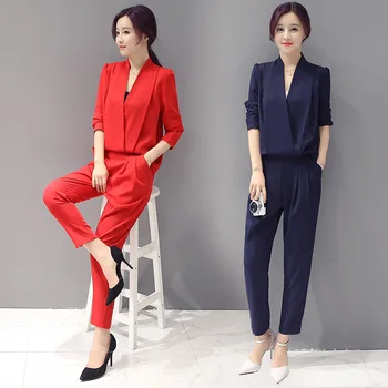 

Women Set Long Sleeve Solid Color Pants Suit Female V-neck Formal Business Work Wear Spring Fall Autumn Office Lady OL Clothing