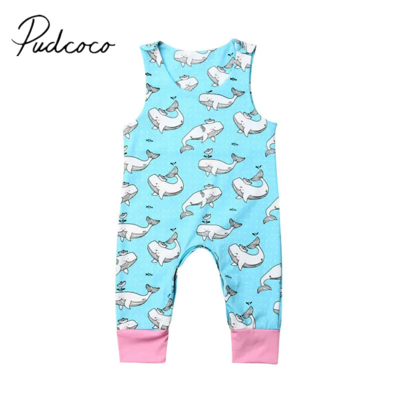 

2019 Baby Summer Clothing Newborn Infant Baby Girl Clothes Sleeveless Whale Print Romper Jumpsuit Animal Overall Outfit Set