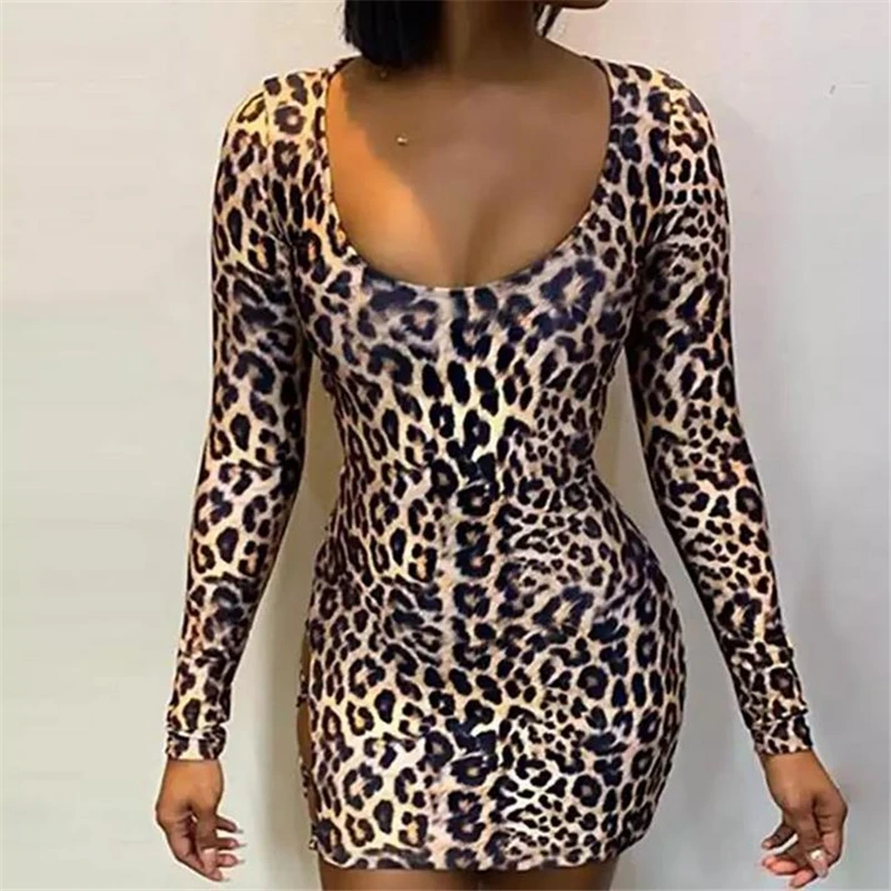 

Sexy Evening Party Dress Women Female Lady Bandage Club Long Sleeve Bodycon Leopard Mini Dresses Casual Hollow Out 2019