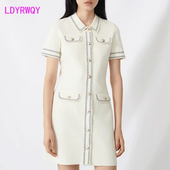 

2020 knitted button dress Knee-Length Polyester Office Lady Cotton Sheath Solid Short Regular
