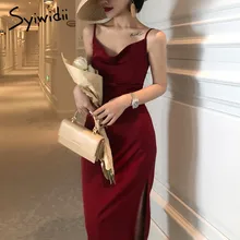 Syiwidii Women's Elegant Party Dress for New Year 2022 Evening Red Wedding Silk Midi Dress Spaghetti Strap Long Satin Dresses