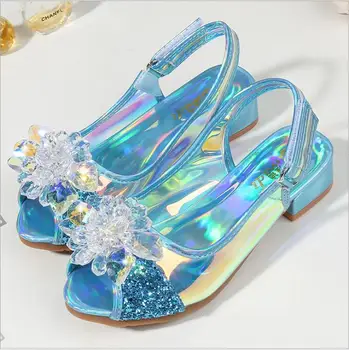 

Fashion Snow Queen Crystal Bright Diamond Sandals Girl Princess Elsa Single Shoes Girl Performance High Heels Sandals