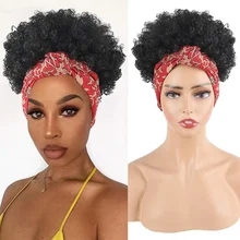 Peluca de cabello sintético para mujeres negras, pelo corto Afro rizado, turbante con cordón, 2 en 1