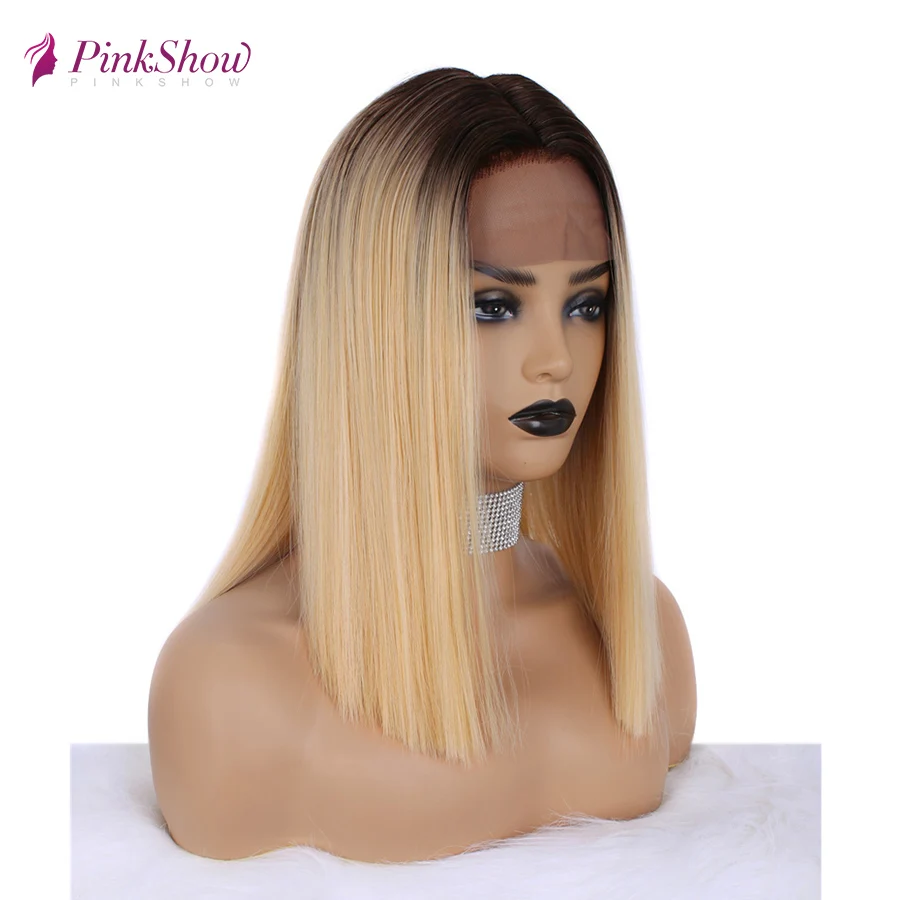 Pinkshow короткий блонд парик на кружеве для женщин синтетический парик на кружеве темный корень термостойкие волокна натуральные волосы