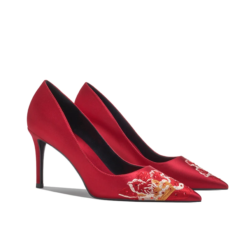 

2021 spring new white satin stiletto high heel bridal wedding single shoes pointed toe banquet dress embroidery women's shoes
