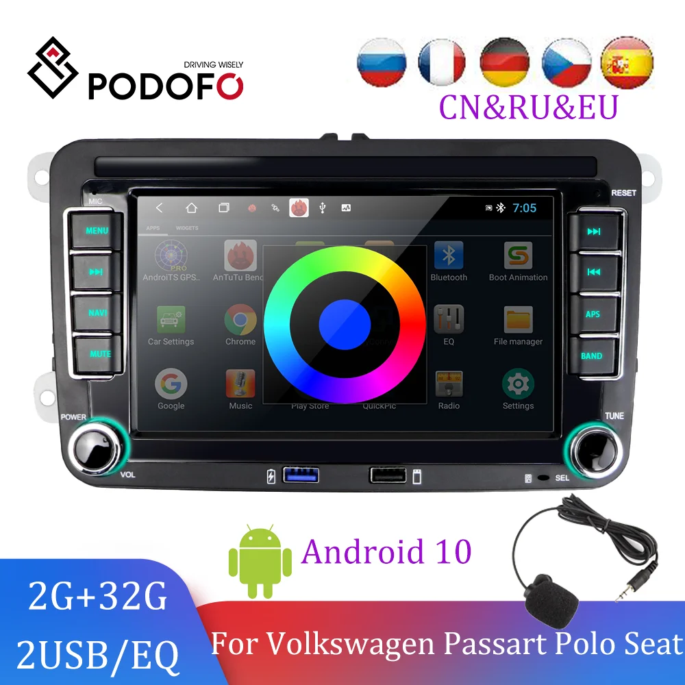 Podofo-reproductor Multimedia con android para coche, autorradio 2DIN para Volkswagen, Golf, Polo, Passat, Skoda, Fabia