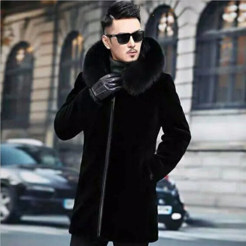 Abrigo de piel de zorro de imitación para hombre, chaqueta de piel de lujo con capucha gruesa de manga larga, Bontjas negras de moda, ropa exterior peluda