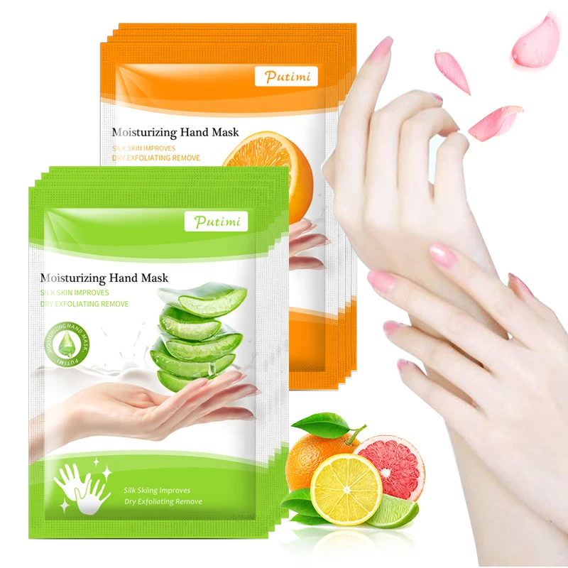 

PUTIMI 2pair Aloe/Orange Hand Mask Whitening Nourishing Smooth Exfoliation Dead Skin Anti-Aging Hand Mask Spa Gloves Hand Care