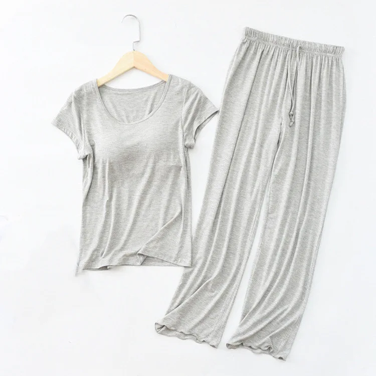 

Early Autumn 2020 New Modal Short Sleeve Pajamas with Breast Pads Set Bra Free Half Sleeve Loose Pants Home Wear Women Pyjamas
