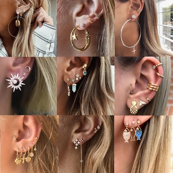 

Tocona Bohemian Moon Corss Opal Stone Earrings Sets Star Heart Gold Metal Chain Pineapple Geometric Jewelry Wholesale
