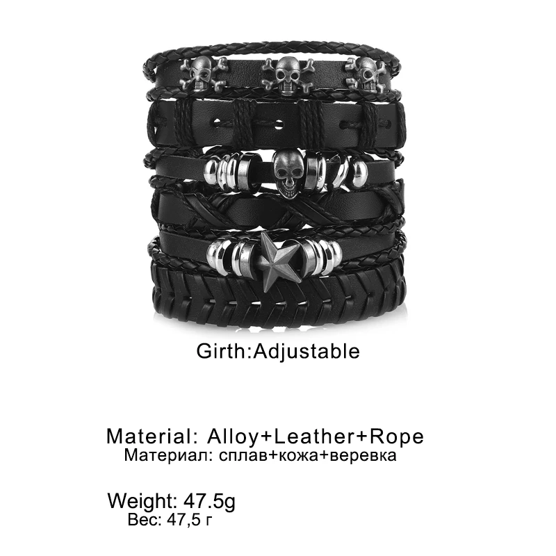 Fashion 6Pcs Set Gothic Punk Skull Star Metal Multilayer Leather Bracelet Men Bracelets & Bangles - Image 6