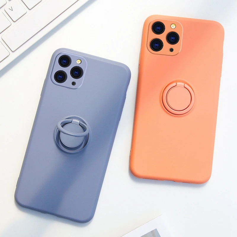 

Soft Liquid Silicone Phone Case For iPhone 11 Pro Max XS X XR 7 8 6 6S Plus SE 2020 Stand Ring Holder Shockproof Case Cover