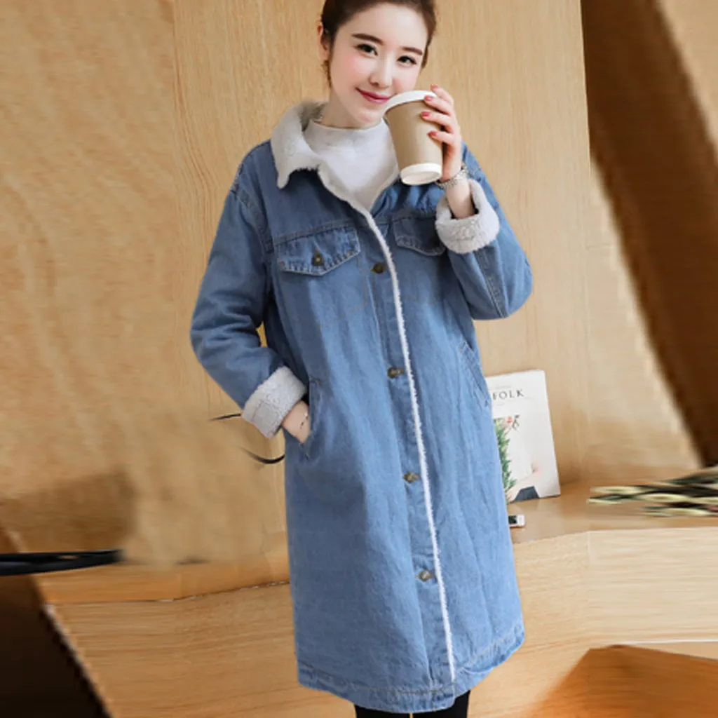 Женские джинсовые пальто и куртки Модный женский зимний теплый джинсовый топ