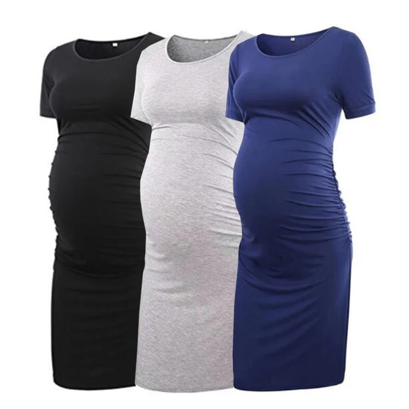 

Maternity Dresses Short sleeve Pregnancy Clothes Casual Summer Solid Dress Pregnant Mama Knee-length Black Blue Grey Dress