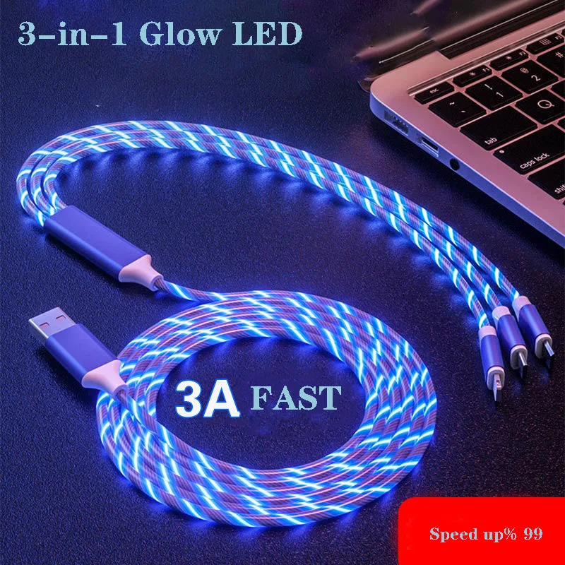

Glow LED Fast USB Type C 3-in-1 Cable USB Micro Charger Wire forcable Cable for samsung Xiaomi iPhone Huawei