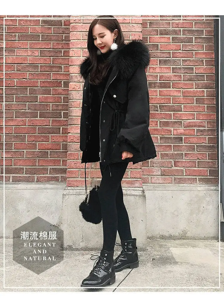Зимние черные пальто с капюшоном Женская свободная парка с большим меховым воротником