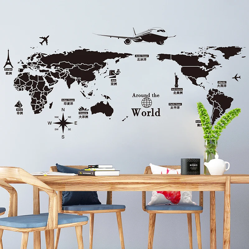

[SHIJUEHEZI] Black Color World Map Wall Stickers Modern DIY Mural Decals for House Living Room Office Bedroom Decoration