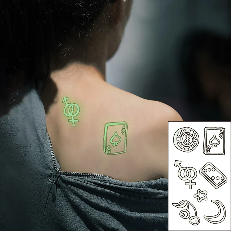 Waterproof Temporary Luminous Tattoo Sticker Moon Star Play Card Totem Gender Signs Flash Tatoo Fake Tatto for Kids Women Men | Красота и