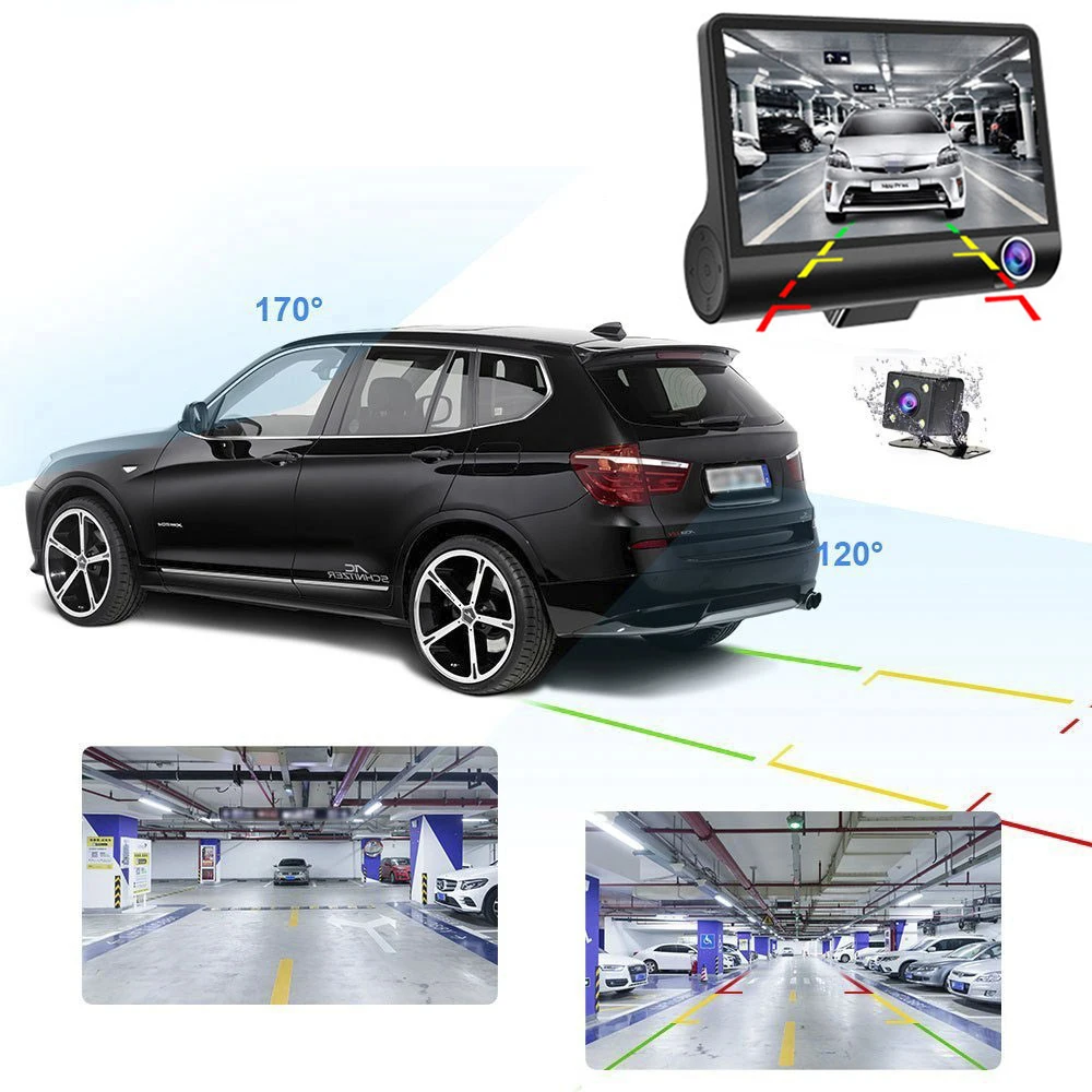 Online Dash Cam 4,0 pulgadas 3 Cámara 3 vías lente coche DVR Video grabadora HD doble lente DVR con cámara de visión trasera coche Auto registrador Dvrs