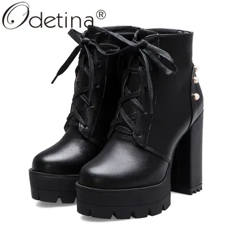 

Odetina New Women Lace Up Block High Heel Platform Ankle Boots Rivets Thick Heel Round Toe Studded Elegant Winter Boots Big Size