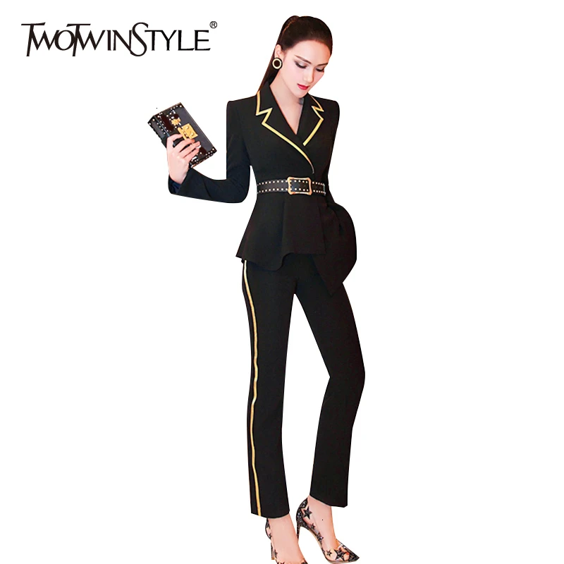 TWOTWINSTYLE элегантный женский комбинезон с длинным рукавом высокой талией поясом