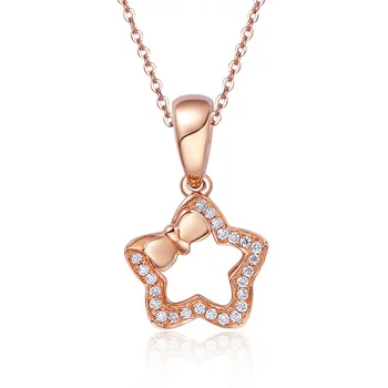 

2019 Sweet 18K Genuine Pure Solid Gold AU750 Rose Color Star Bowknot Pendant Necklace with Diamond for Women Female Gift Jewelry