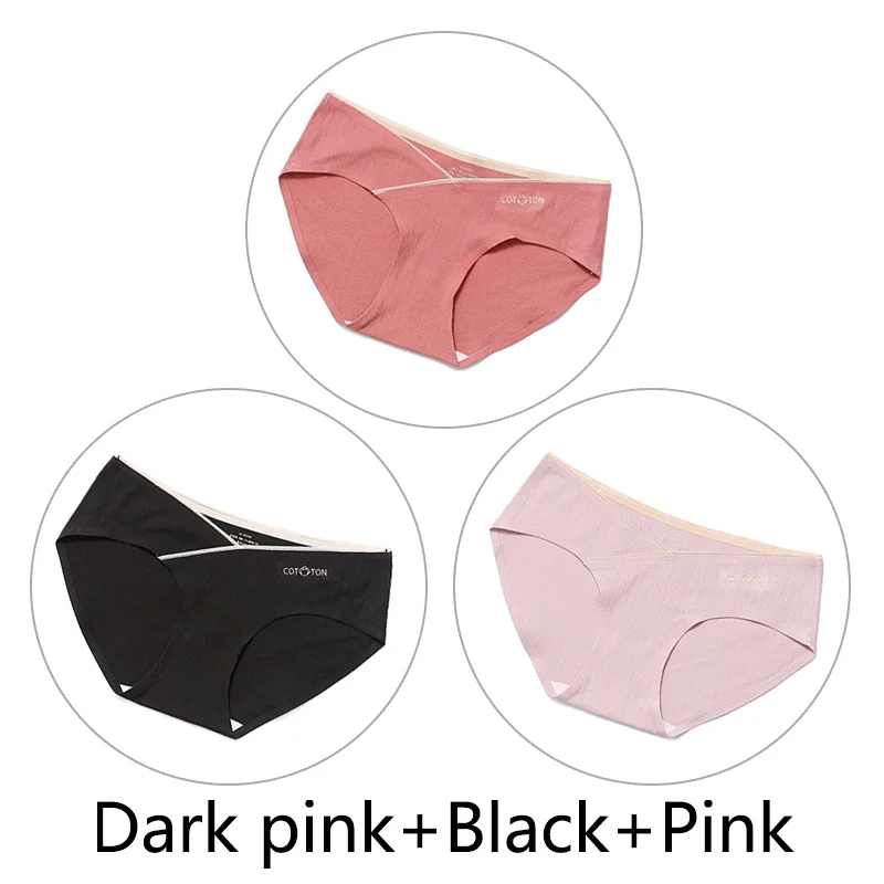 DarkPink Black Pink 3 шт., трусы с низкой талией, нижнее Белье для беременных женщин, большой размер, M-4XL, хлопок, бесшовные трусы, v-образная форма, поддержка живота, нижнее Белье для беременных - Цвет: DarkPink Black Pink