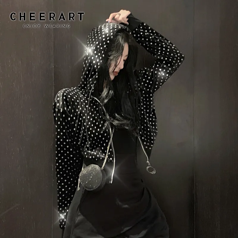 discount  CHEERART Streetwear Lurex Hooded Jacket Women Polka Dot Zipper Glitter Velvet Jacket Coats 2019 Aut